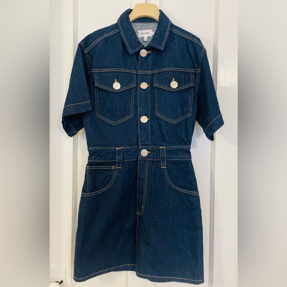 NWOT! Frame Denim Mixed Media Oversized Button Denim Mini Dress Size Medium - Picture 2 of 14